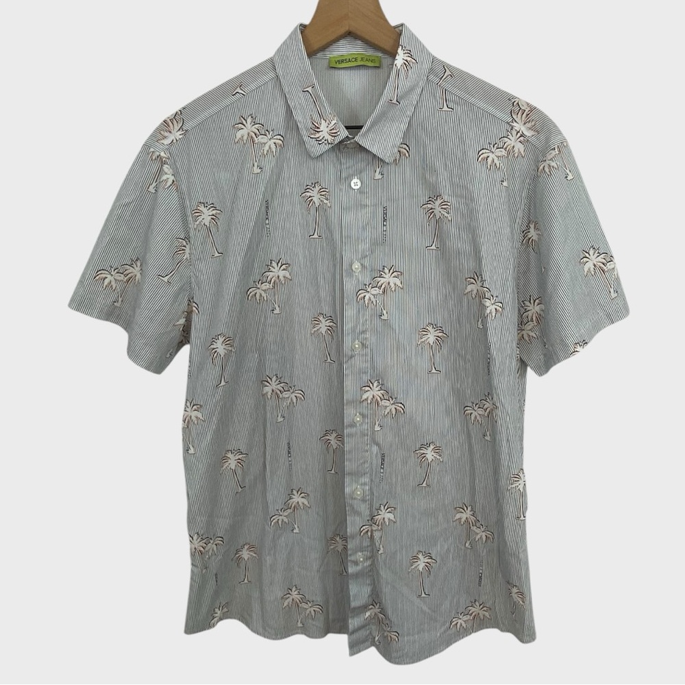 Versace Jeans Black White Stripe Palm Tree Logo Short Sleeve Button Down Shirt